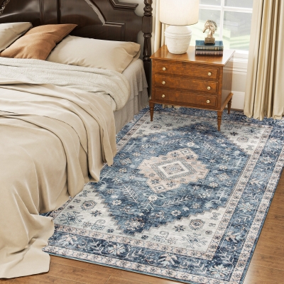 HOMCOM 5x7 Vintage Washable Non-Slip Rug, Blue