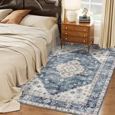 HOMCOM 5x7 Vintage Washable Non-Slip Rug, Blue