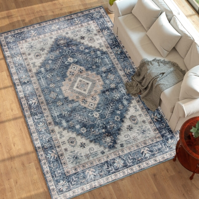 HOMCOM 8x10 Vintage Washable Non-Slip Rug, Blue