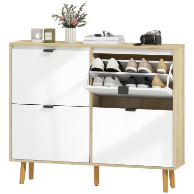 HOMCOM Narrow Shoe Cabinet, High Gloss Shoe Storage Cabinet with 4 Flip Drawers and Adjustable Shelves, Holds 20 Pairs, White