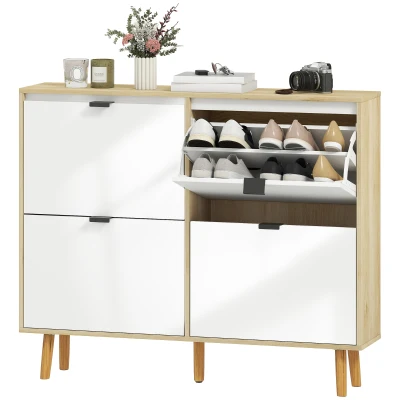 HOMCOM Narrow Shoe Cabinet, High Gloss Shoe Storage Cabinet with 4 Flip Drawers and Adjustable Shelves, Holds 20 Pairs, White