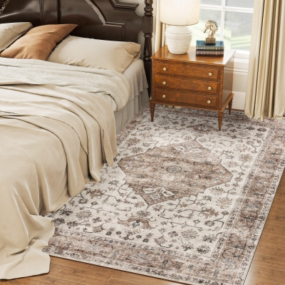 HOMCOM 5x7 Vintage Washable Non-Slip Rug for Living Room, Tan