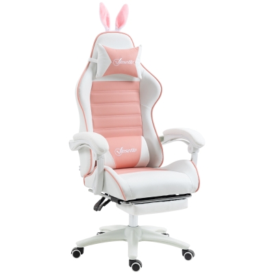 HOMCOM Cute Racing Gamer Chair, PU Leather Gaming Chair with Footrest, Headrest and Lumbar Support, Pink