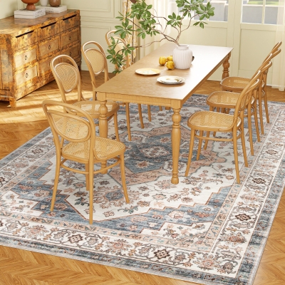 HOMCOM 8x10 Vintage Washable Non-Slip Rug, Brown & Blue