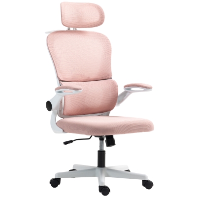 HOMCOM Mesh Office Chair, Ergonomic Desk Chair with Flip-up Armrest, Rotatable Headrest, Adjustable Lumbar Support, Pink