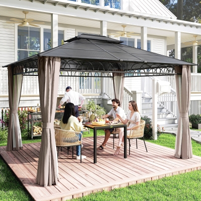 Outsunny 10' x 12' Outdoor Gazebo Canopy, Double Roof Hardtop Gazebo with Polycarbonate Roof, Steel Frame, Nettings and Curtains, for Garden, Lawn, Backyard and Deck, Khaki