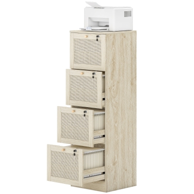 HOMCOM 4 Drawer Filing Cabinet with Lock, Boho File Cabinet for A4 Letter Size Files with Decorative Rattan Accents, Oak