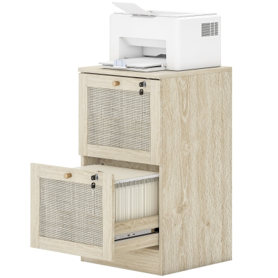 HOMCOM 2 Drawer Filing Cabinet with Lock, Boho File Cabinet for A4 Letter Size Files with Decorative Rattan Accents, Oak
