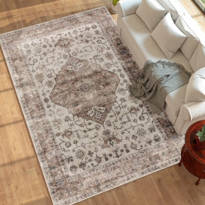 HOMCOM 8x10 Vintage Washable Non-Slip Rug, Tan