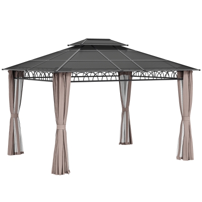 Outsunny 10' x 12' Outdoor Gazebo Canopy, Double Roof Hardtop Gazebo with Polycarbonate Roof, Steel Frame, Nettings and Curtains, for Garden, Lawn, Backyard and Deck, Khaki
