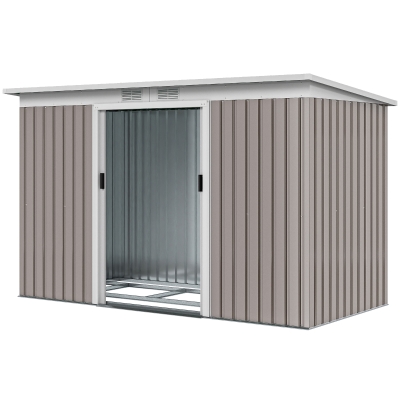 Outsunny 9' x 4' Garden Metal Storage Shed Outdoor Equipment Tool Box with Foundation Kit, Ventilation & Doors, Light Grey