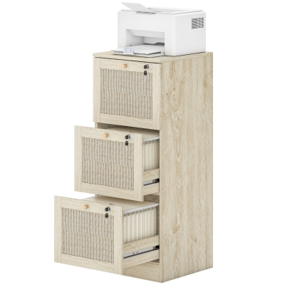 HOMCOM 3 Drawer Filing Cabinet with Lock, Boho File Cabinet for A4 Letter Size Files with Decorative Rattan Accents, Oak