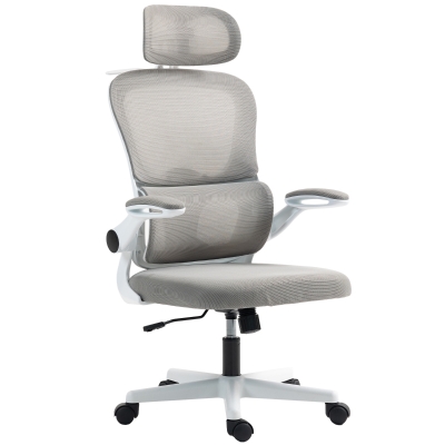 HOMCOM Mesh Office Chair, Ergonomic Desk Chair with Flip-up Armrest, Rotatable Headrest, Adjustable Lumbar Support, Grey