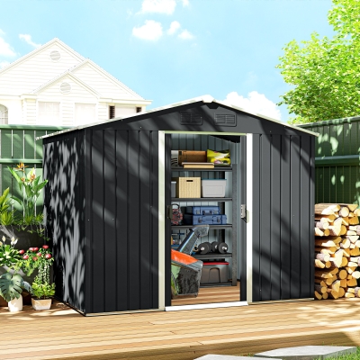 Outsunny 8' x 6' Outdoor Storage Shed, Metal Garden Tool Storage House with Lockable Sliding Doors and Vents for Backyard Patio Lawn, Charcoal Grey