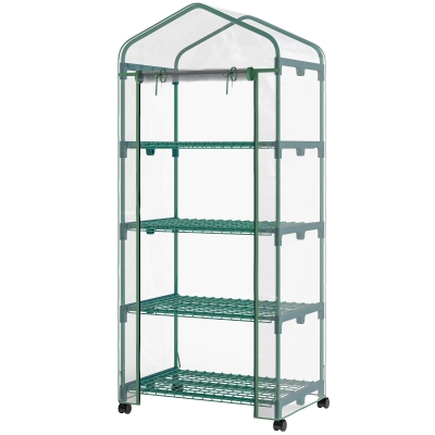 Outsunny 27" x 20" x 65" Portable Greenhouse with 4 Tier Shelves and Wheels, Outdoor Hot House Plant Flower Greenhouse, Steel Frame, Plastic Cover, Clear