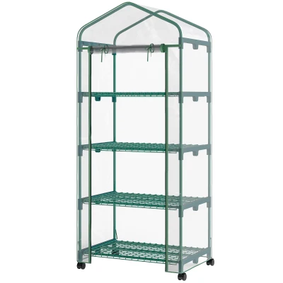 Outsunny 27" x 20" x 65" Portable Greenhouse with 4 Tier Shelves and Wheels, Outdoor Hot House Plant Flower Greenhouse, Steel Frame, Plastic Cover, Clear