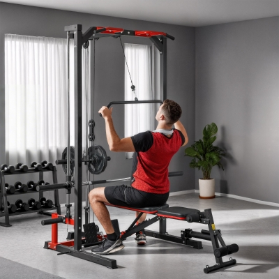 Soozier Smith Machine Power Rack with Pull Up Bar, Lat Pull Down System, Landmine, Squat Rack, Barbell Bar, for Home Gym