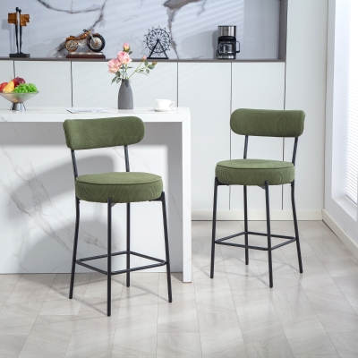 HOMCOM Set of 2 Barstools, Upholstered Corduroy Bar Stools with Backrest, Footrest for Kitchen Island, Dining Room, Green