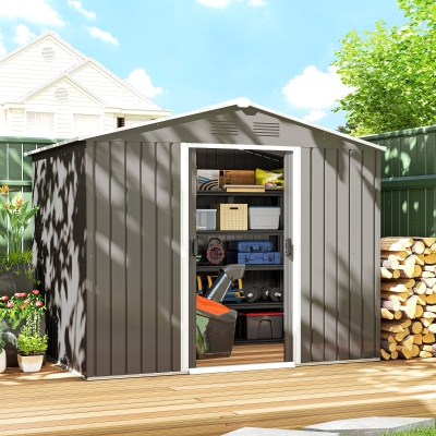 Outsunny 8' x 6' Outdoor Storage Shed, Metal Garden Tool Storage House with Lockable Sliding Doors and Vents for Backyard Patio Lawn, Light Grey