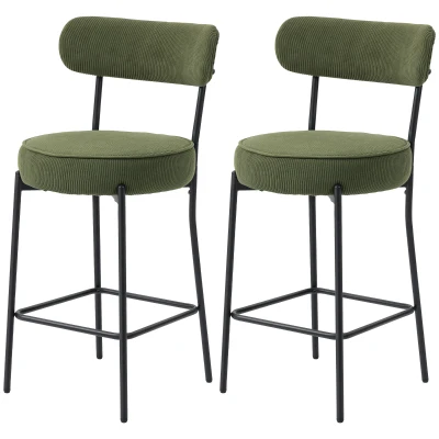 HOMCOM Set of 2 Barstools, Upholstered Corduroy Bar Stools with Backrest, Footrest for Kitchen Island, Dining Room, Green