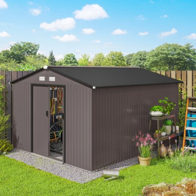 Outsunny 11' x 9' Metal Storage Shed, Brown, Double Sliding Doors