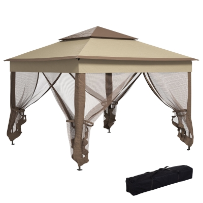 Outsunny 11' x 11' Pop Up Canopy, Outdoor Canopy Shelter Event Tent with 2-Tier Soft Top, Removable Zipper Netting and Storage Bag, for Patio, Backyard, Garden, Camping, Khaki