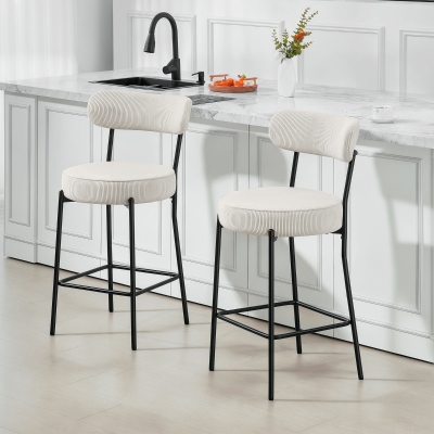 HOMCOM Set of 2 Barstools, Upholstered Corduroy Bar Stools with Backrest, Footrest for Kitchen Island, Dining Room, Cream White