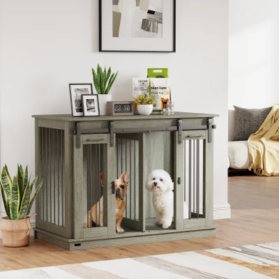 PawHut Modern Dog Crate End Table, Gray with Divider Panel