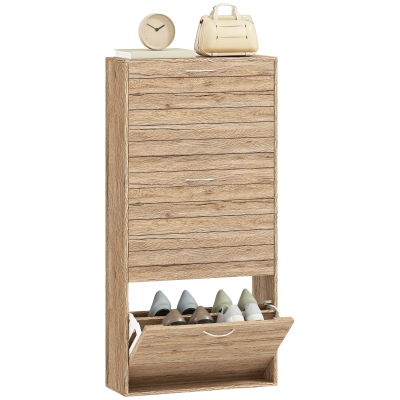 HOMCOM Shoe Storage Cabinet with 3 Flip Drawers, Narrow and Slim, 12 Pair of Shoes Organizer for Hallway, Entryway, Oak
