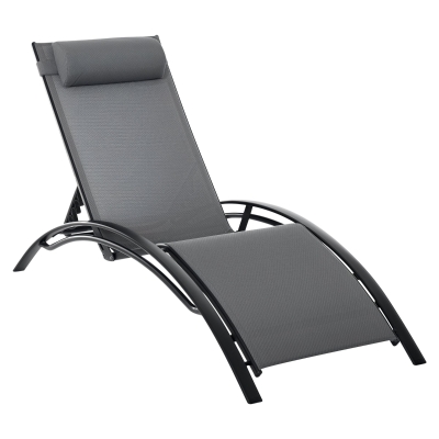 Outsunny Patio Lounge Chair, Aluminum Reclining Outdoor Tanning Chair with 5-Level Adjustable Backrest, Head Pillow and Breathable Mesh Fabric, for Pool, Deck, Garden, Grey