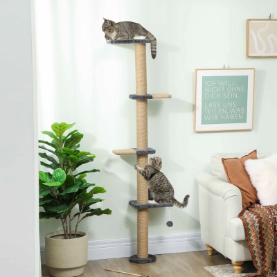 PawHut Cat Wall Shelves, Cat Wall Furniture with 4 Platforms, Jute Scratching Post for Indoor Playing, Climbing, Dark Grey