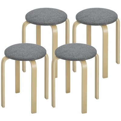 HOMCOM Stackable Wood Stools Set of 4, Stacking Kitchen Stools with Padded Seat for Dining Room, Living Room, Grey