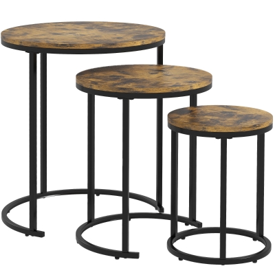 HOMCOM Nesting Coffee Tables Set of 3, Stacking Round Side Tables with Steel Frame for Living Room, Rustic Brown