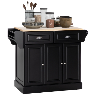 HOMCOM Kitchen Island with Storage Rolling Kitchen Serving Cart with Rubber Wood Top Towel Rack Storage Drawer Cabinet, Black