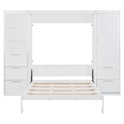 Queen Size Murphy Bed with Integrated Storage, Space-Saving Wall Bed with Customizable Configuration, 120" L x 20" W x 88.5" H, White