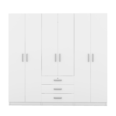 6-Door Wooden Wardrobe with 3 Large Drawers, Silver Handles, MDF Construction, Ideal for Bedroom Storage, 71" L x 19" W x 68" H, White