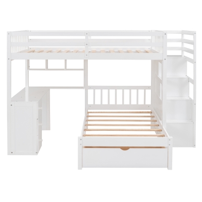 Full Over Twin Bunk Bed with Desk, Drawers and Shelves, Integrated Study Space, Space-Saving Design, 98" L x 80" W x 64.5" H, White