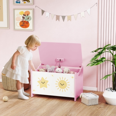 Qaba Toy Chest, Kids Storage Chest with Lid, Safety Hinges and Groove Handles for Boys, Girls, Pink