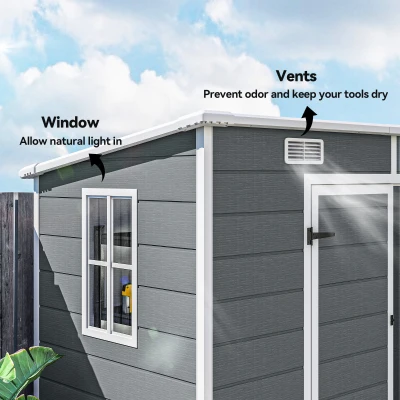 Outsunny 8' x 4' Plastic Outdoor Storage Shed with Floor, Window, Lockable Doors and Vents for Backyard Patio Lawn, Gray(m-7)