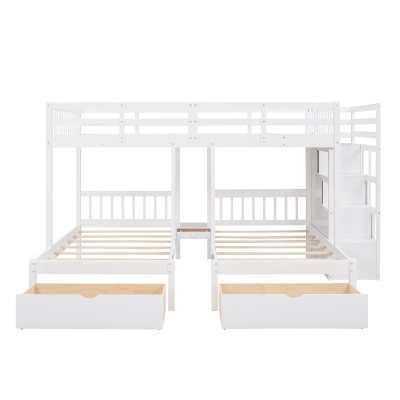Full Over Twin Bed with Storage Drawers, Sturdy Pine Wood Frame, Twin Triple Bunk Bed with Guardrails, 115" L x 76" W x 64.5" H, White