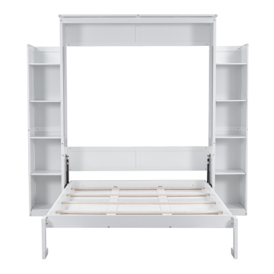 Queen Size Murphy Bed with Shelves and LED Lights, Space-Saving Wall Bed with Flexible Slats, 97.5" L x 84.5" W x 88.5" H, White