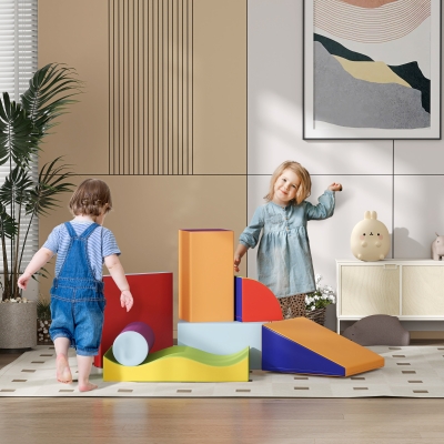 Soozier 7 Pieces Soft Play Foam Climbing Blocks, Indoor Modular Kids Play Toys for Climbing, Crawling, Sliding, Dark Colour