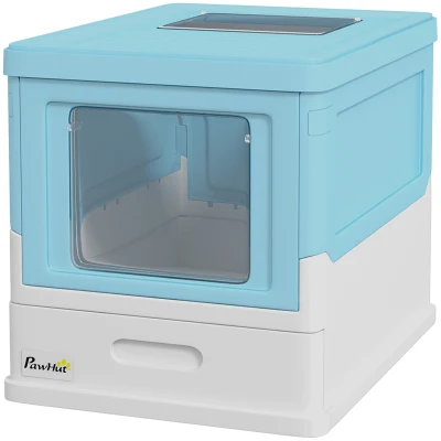 PawHut Top Entry Enclosed Kitty Litter Box with Scoop, Tray, Front Entry, Large Space, Foldable, Portable, Blue