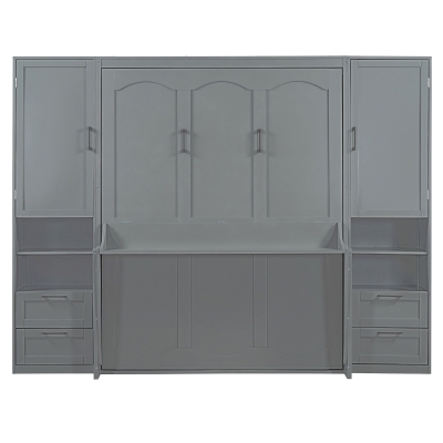 Modern Queen Size Murphy Bed with Closet, Drawers and Shelves, Space-saving Wall Bed with Integrated Storage, 114" L x 17" W x 87" H, Grey