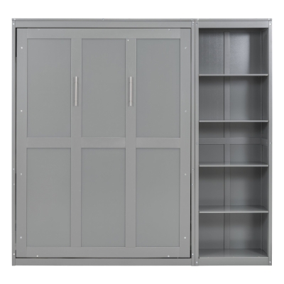 Full Size Murphy Bed with Shelves, Dual Piston Mechanism, Space-Saving Wall Bed with Flexible Slats, 87.5" L x 16" W x 84" H, Grey