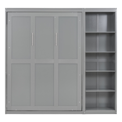 Full Size Murphy Bed with Shelves, Dual Piston Mechanism, Space-Saving Wall Bed with Flexible Slats, 87.5" L x 16" W x 84" H, Grey