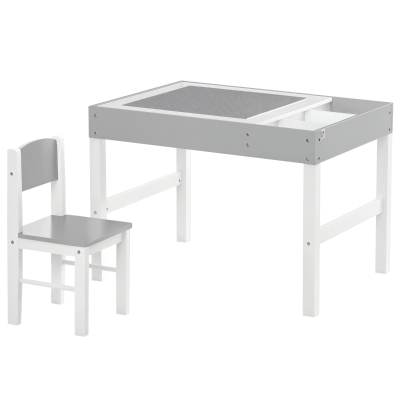 Qaba Lego Table with Storage for Kids, Multi-Usage Kids Table and Chair Set with Building Blocks Desktop, 2PCs Toddler Activity Furniture, for Arts & Crafts Homework, Grey