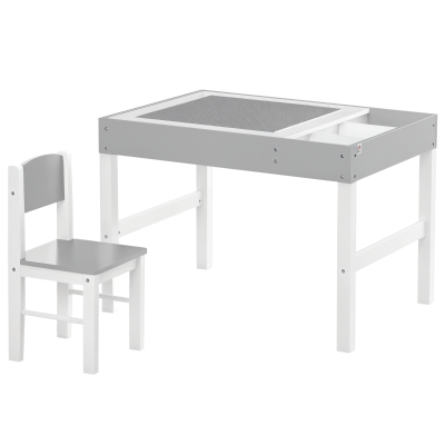 Qaba Lego Table with Storage for Kids, Multi-Usage Kids Table and Chair Set with Building Blocks Desktop, 2PCs Toddler Activity Furniture, for Arts & Crafts Homework, Grey
