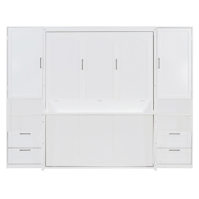 Queen Size Murphy Bed with Closet, Drawers and Shelves, Space-saving Wall Bed with Integrated Storage, 114" L x 17" W x 87" H, White