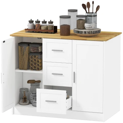 HOMCOM Kitchen Island with Storage Cabinets, 3 Drawers, 2 Adjustable Shelves and Sitting Space for Dining Room, White